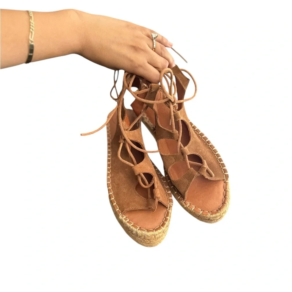 ALOHA’S Tan Camel Gladiator Leather Platform Lace-Up Wrap Espadrille Sandals